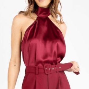 Kittenish Women's Wine High Neck Tank Top Satin Red Size Small